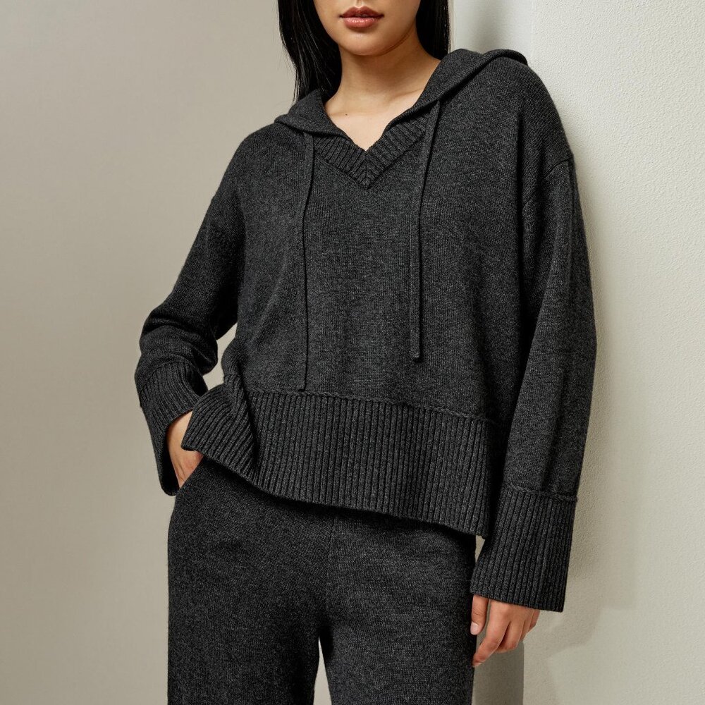 NEW Lilysilk V Neck Wool-Cashmere Blend Hoodie in Dark Gray